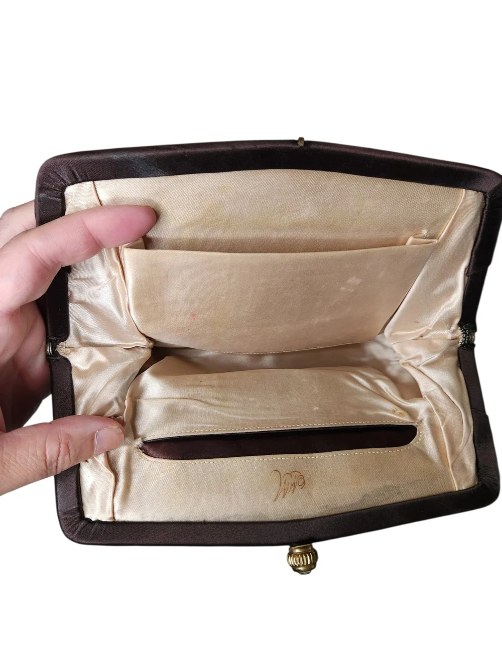 Vintage 1950s Morris Moskowitz MM Brown Satin Rhinestone Evening Clutch